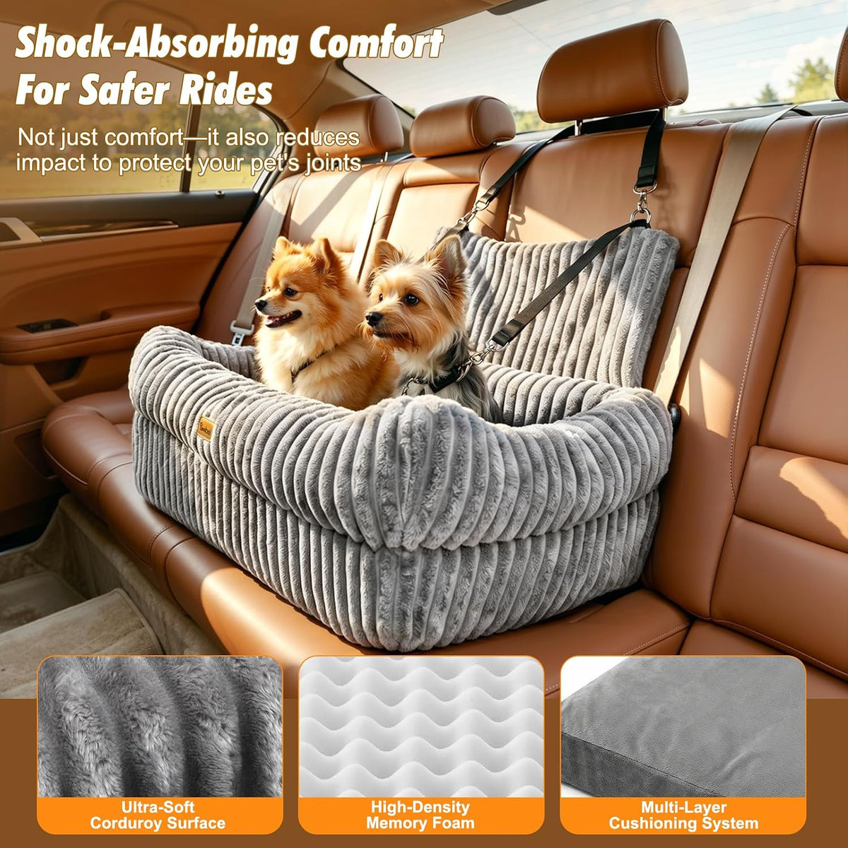 Pawaboo Dog Car Seat Bed, Memory Foam Booster for Medium/Large Dogs, Beige – Essentials for Dogs - Gray - image 3