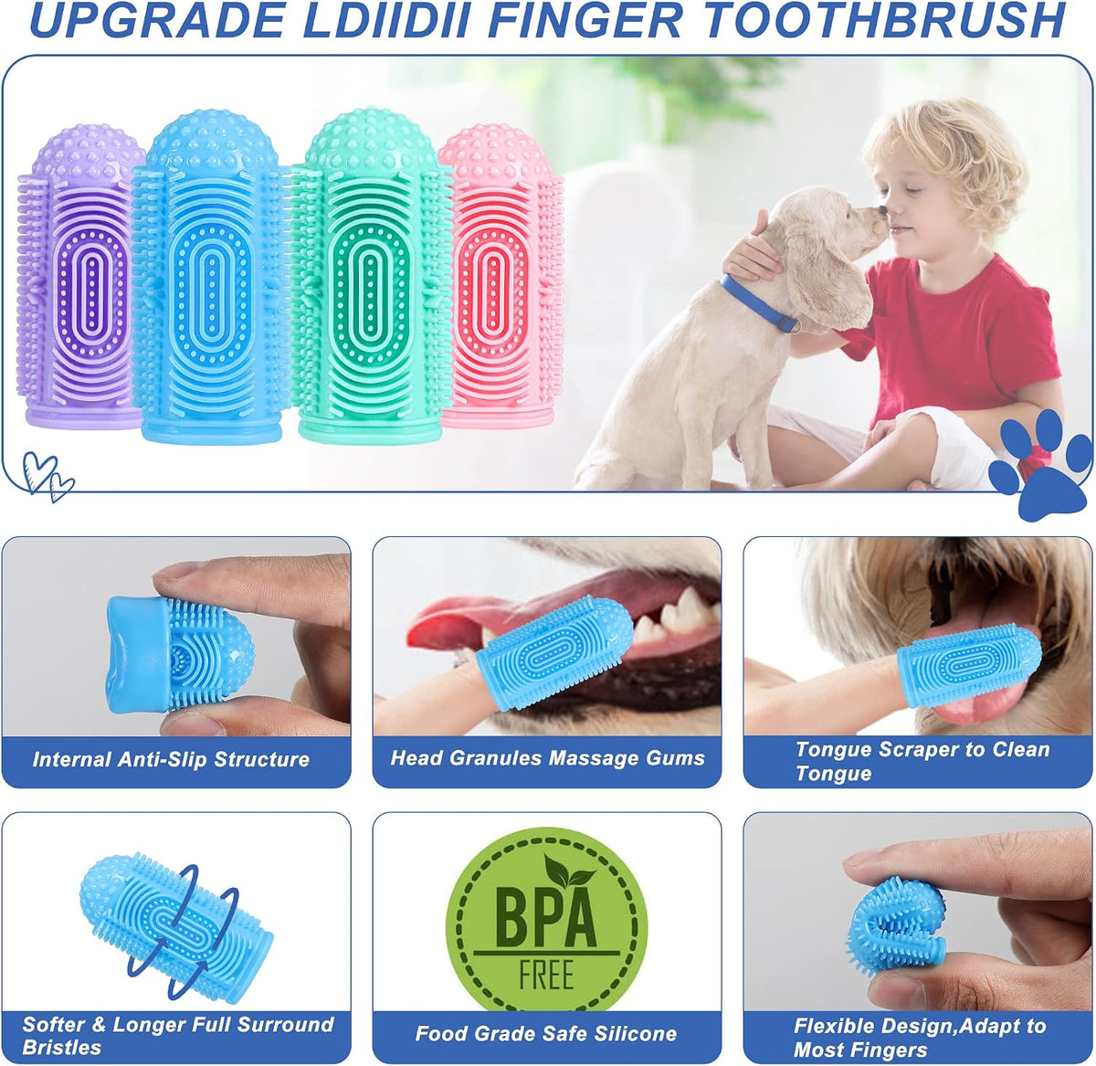 LDIIDII dog finger toothbrush 4-pack in colorful silicone - view 2