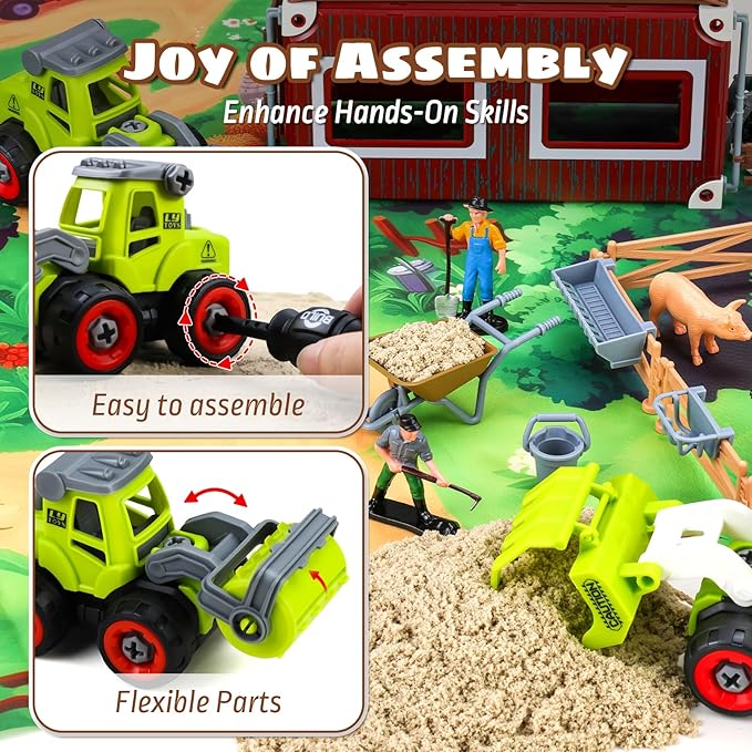 69 PCS Farm Sensory Bin Toys Playset, Sandboxes with Sand, Farmer Tractor & Farm Animals Figures Toys for Kids 3 4 5, Gifts for 6 7 Years Old Boys Girls Toddlers
