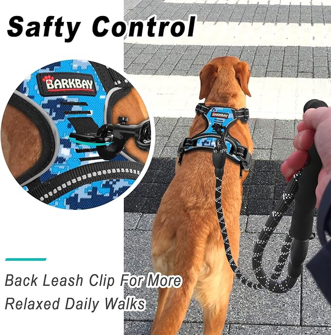 BARKBAY No Pull Dog Harness Large Step in Reflective Dog Harness with Front Clip and Easy Control Handle for Walking Training Running(Blue camo,S)
