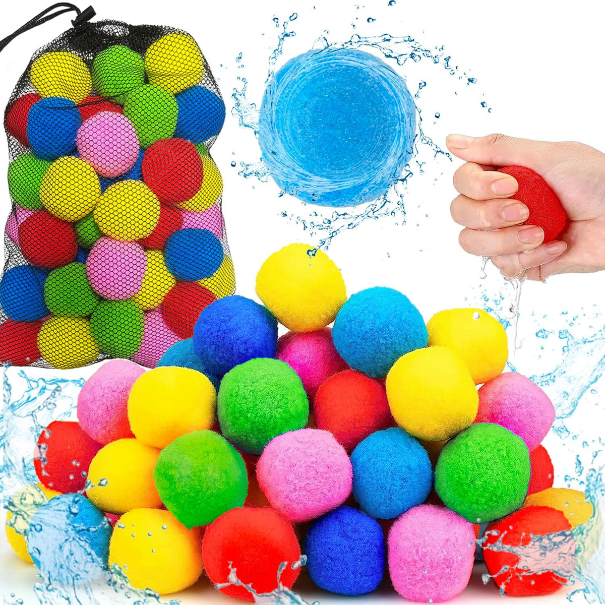Jishi 60 reusable water balloons sponge balls in six colors with mesh bag