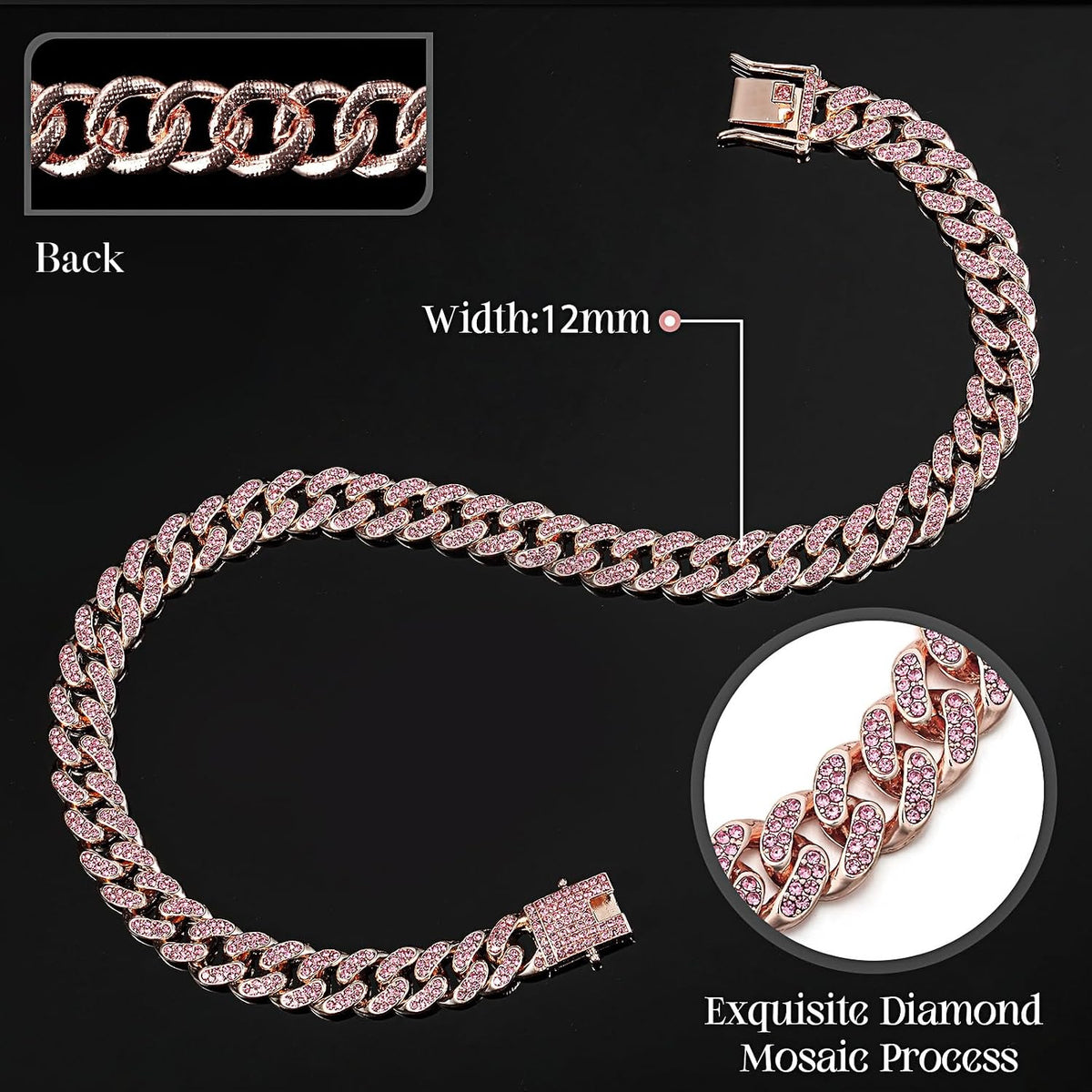 LEIFIDE Cuban Link Dog Collar Chain 12mm, Rose Gold, Pink - 18 Inches / Rose Gold, Pink - image 2