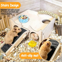 Wooden Hamster Hideout House Castle with Platform, Bowl & Ladder – Essentials for Small Pets - 4 Room + Bowl + Tent – 2.4" Entrance - image 3