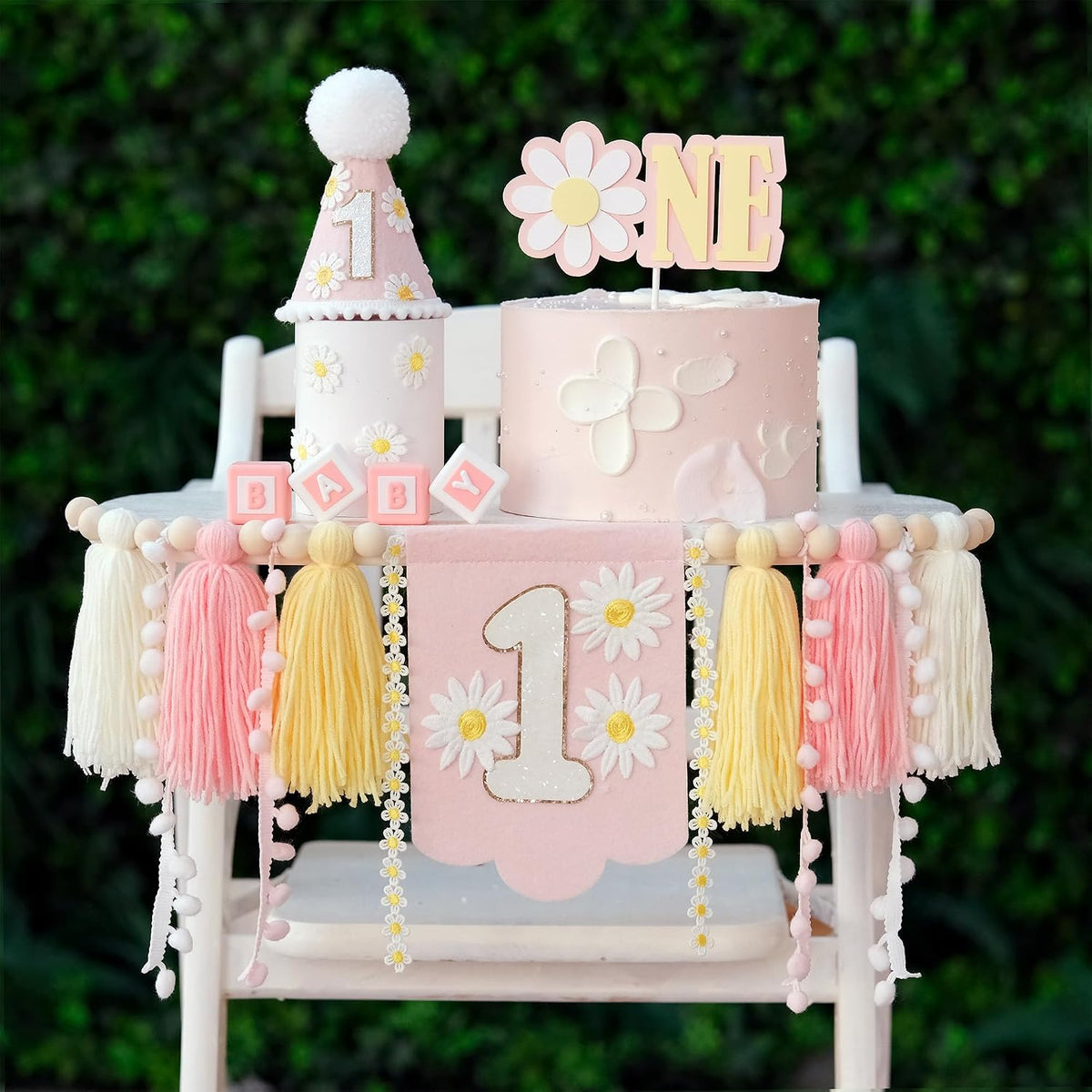First Birthday Decorations for Boy Blue One Year Old High Chair - Pink Yellow White