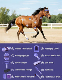 11PCS Horse Grooming Kit Curry Comb Sweat Scraper Horse Bathing Supplies Grooming Tools with Storage Bag Sugar Taro
