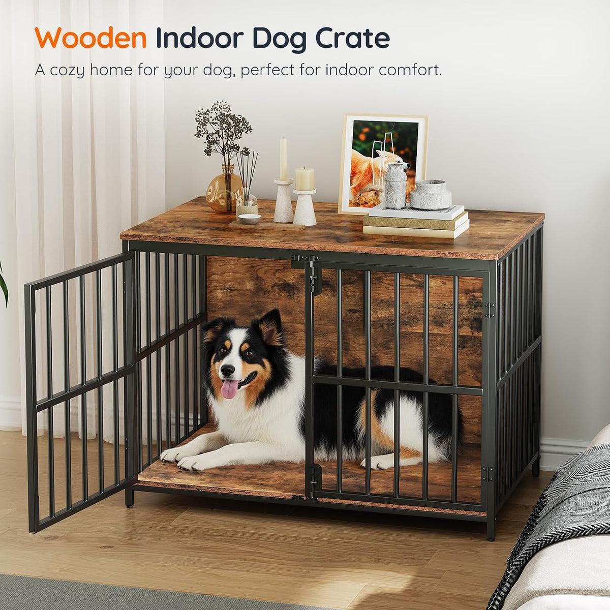 HOOBRO 38.6" Dog Crate Furniture, Wooden Dog Kennel Indoor - 38.6"L x 23.6"W x 29.5"H / Rustic Brown - image 4