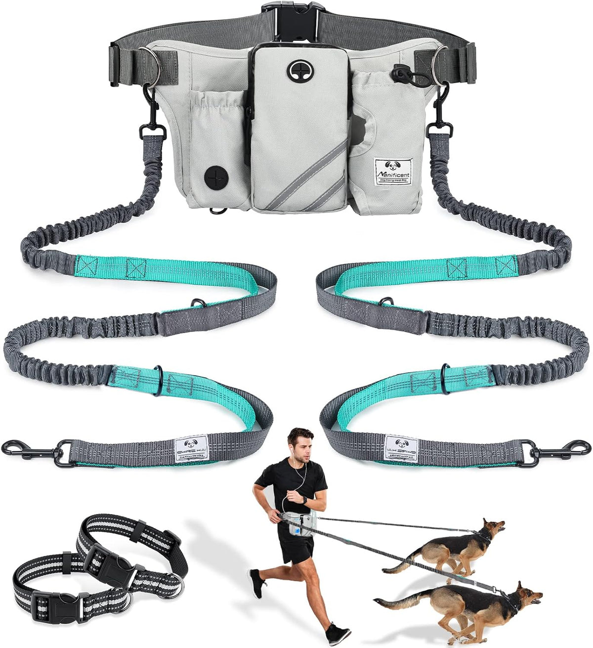 SHINE HAI Retractable Hands Free Dog Leash with Dual Bungees for 2 - Gray / For 2 Dog