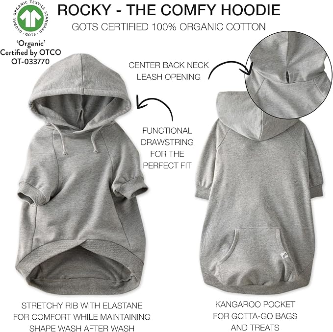 Rocky – The Orginal Lightweight Hooded TEE 100% Organic Cotton Dog Hoodie Pet Coat Sweater for Small, Medium, Large Dogs, Heather Gray, XX-Small