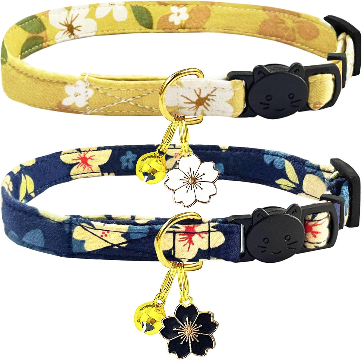 2 Pack Cotton Breakaway Cat Collars Set with Bell and Flower Pendant - yellow+navy flower