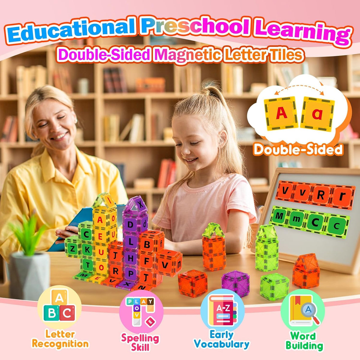 Windidi 48 piece magnetic letter tiles with uppercase and lowercase alphabet stickers - view 2