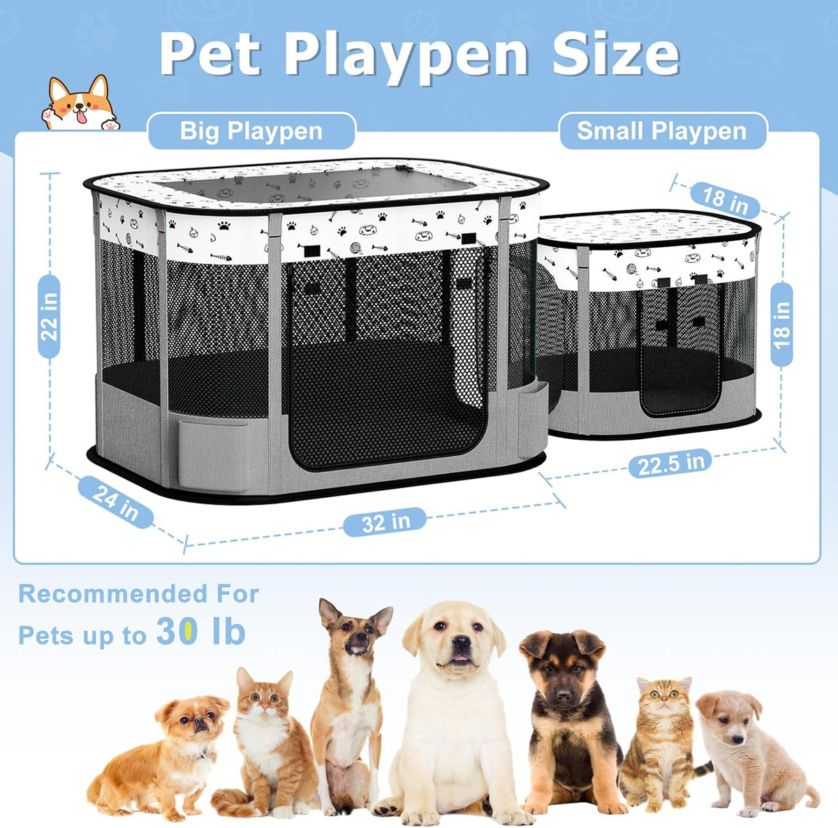 Cat Playpen, Portable Pet Dog Playpen - Grey / 32" × 24" × 22" - image 3