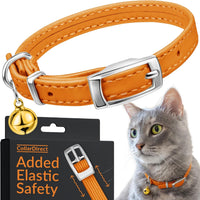Soft Leather Cat Collar with Safety Elastic Strap - 6-7 Inch / Orange