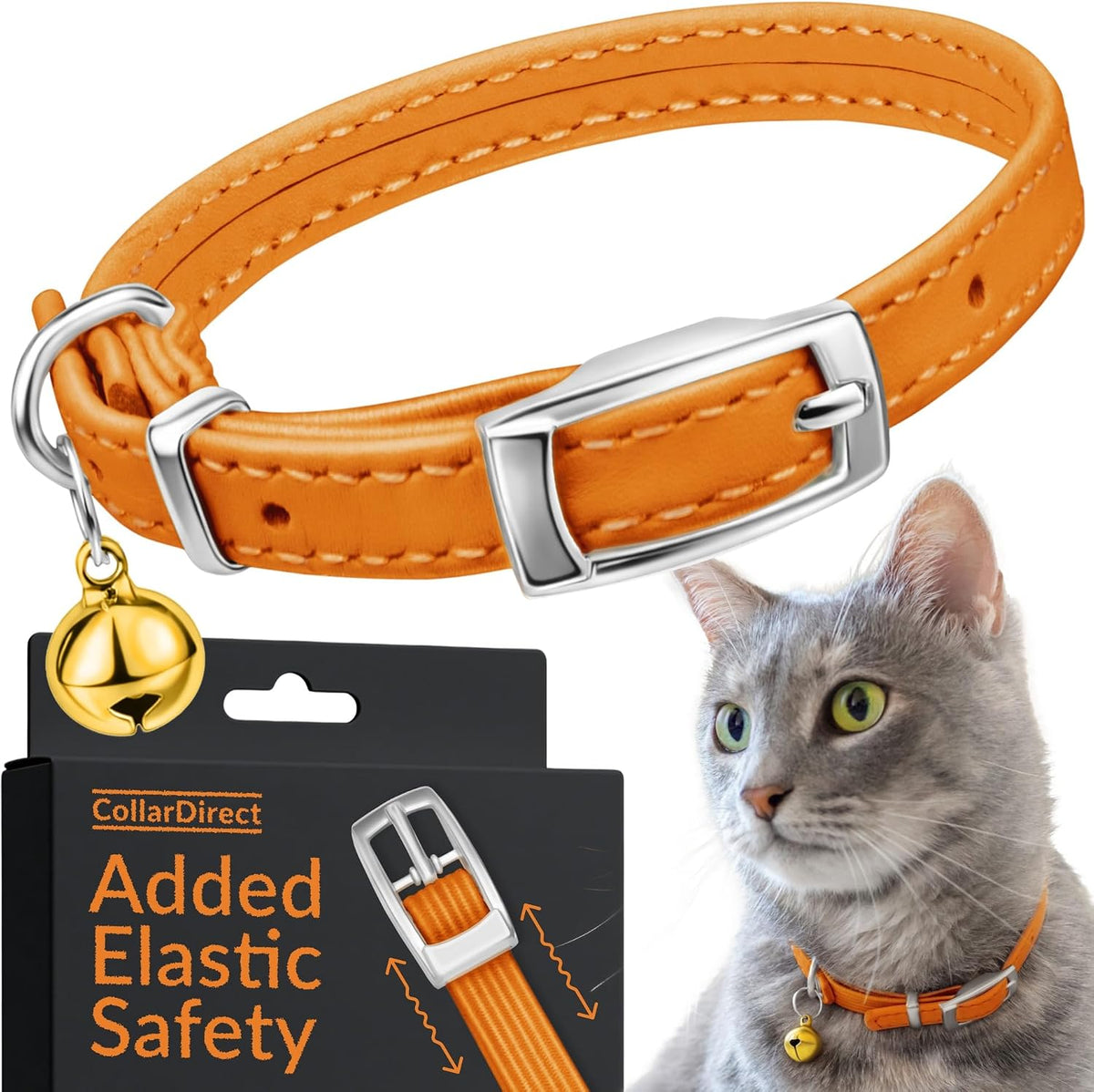 Soft Leather Cat Collar with Safety Elastic Strap - 6-7 Inch / Orange