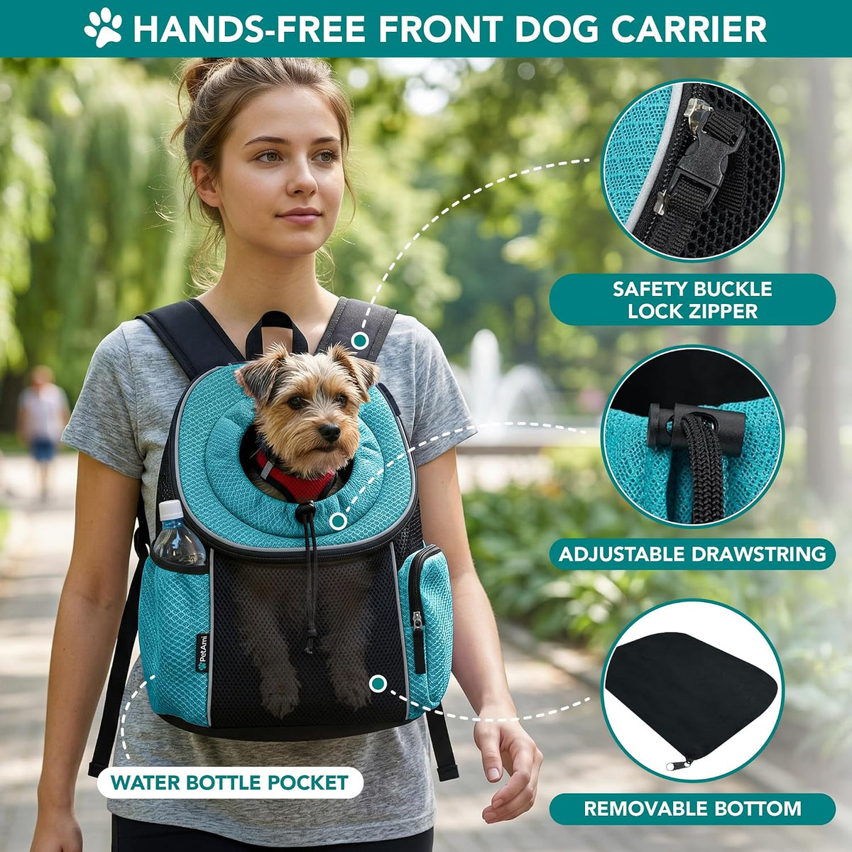 PetAmi Dog Carrier Backpack, Hands Free Front Pet Carrier - Teal Blue / 15.5"L x 9.0"W x 15.5"H - image 3