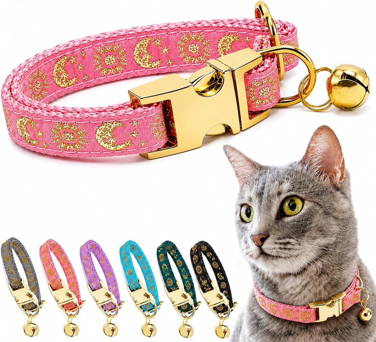 Cat Collar with Bell for Kittens & Cats, Moon & Stars Design – Essentials for Cats - Coral Pink Collar / X-Small (Pack of 1)