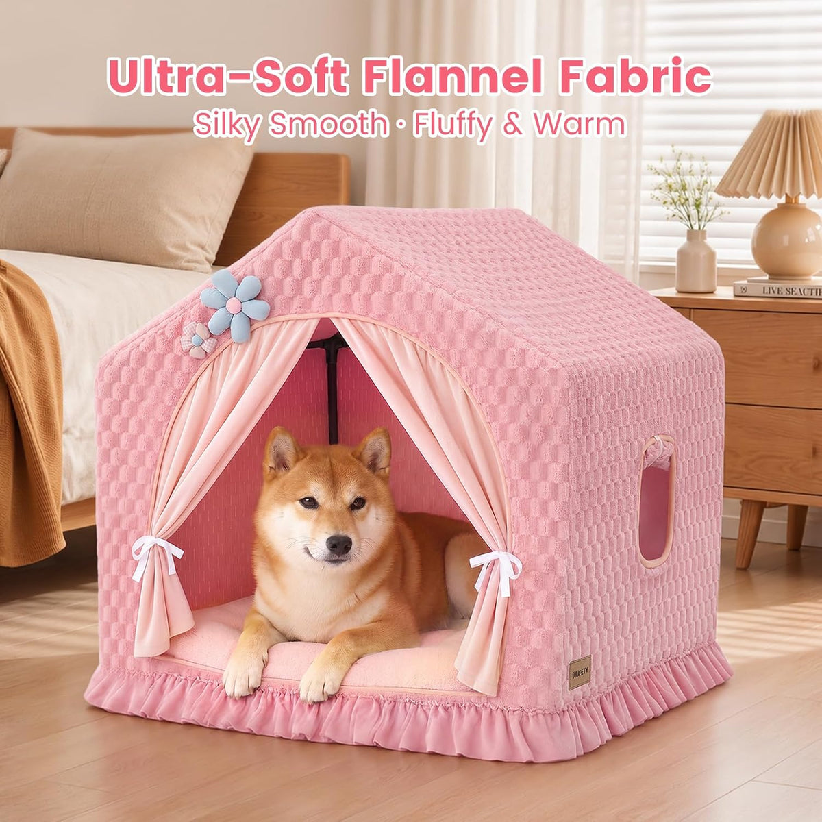 Indoor Dog House with Frame, Cute Dog Tent Bed with Cover Cave - Large ( 25" × 25" × 25" ) / Pink with flannel - image 2