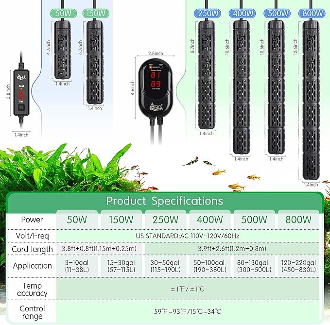 AQQA Fish Tank Heater,Aquarium Heater 50W 150W 250W 400W 500W 800W for 3-220 Gal,Set Temperature 59℉-93℉ Temperature Accuracy,Out of Water or High Temperature Automatic Power Off (800W to 120-220 gal)