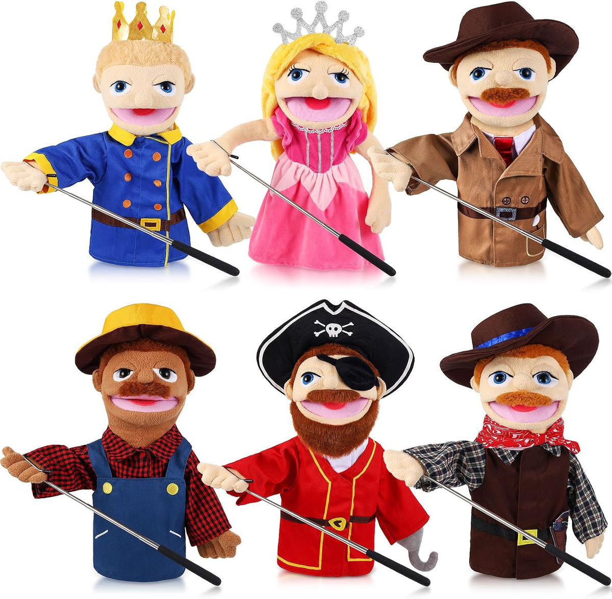 6 Pcs Family Hand Puppets 12 Inch Grandparents, Mom & Dad - Adventurers