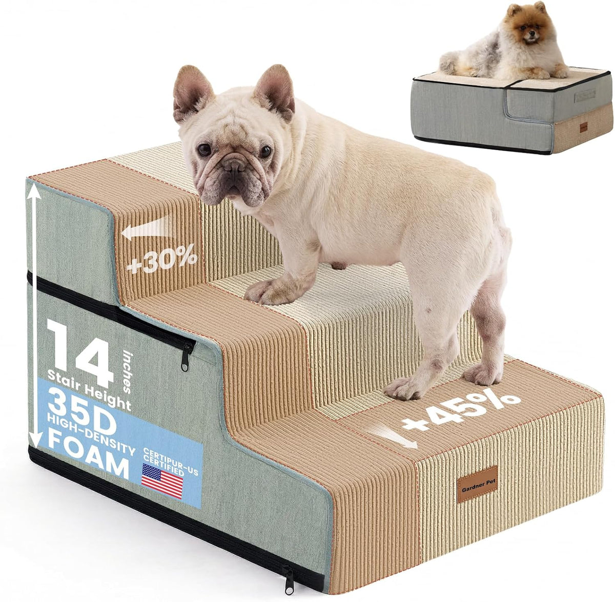 Gardner Pet Dog Stairs for Small Dogs 14" H - Beige / 3.0 / 18"x22"x14"Extra Wide