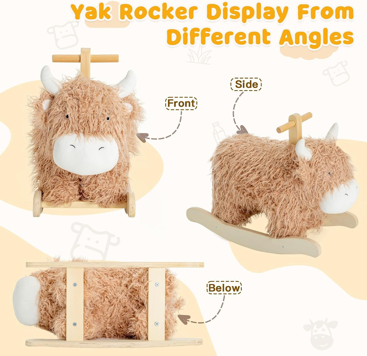 Jolie Vallee baby rocking horse shaped like a plush yak on a solid wood rocker with handles - view 4