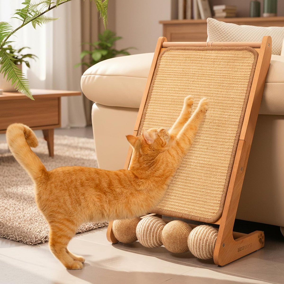 Sisal Cat Scratcher Ramp for Indoor L-Shape Solid Wooden – Essentials for Cats - Large-Fixed