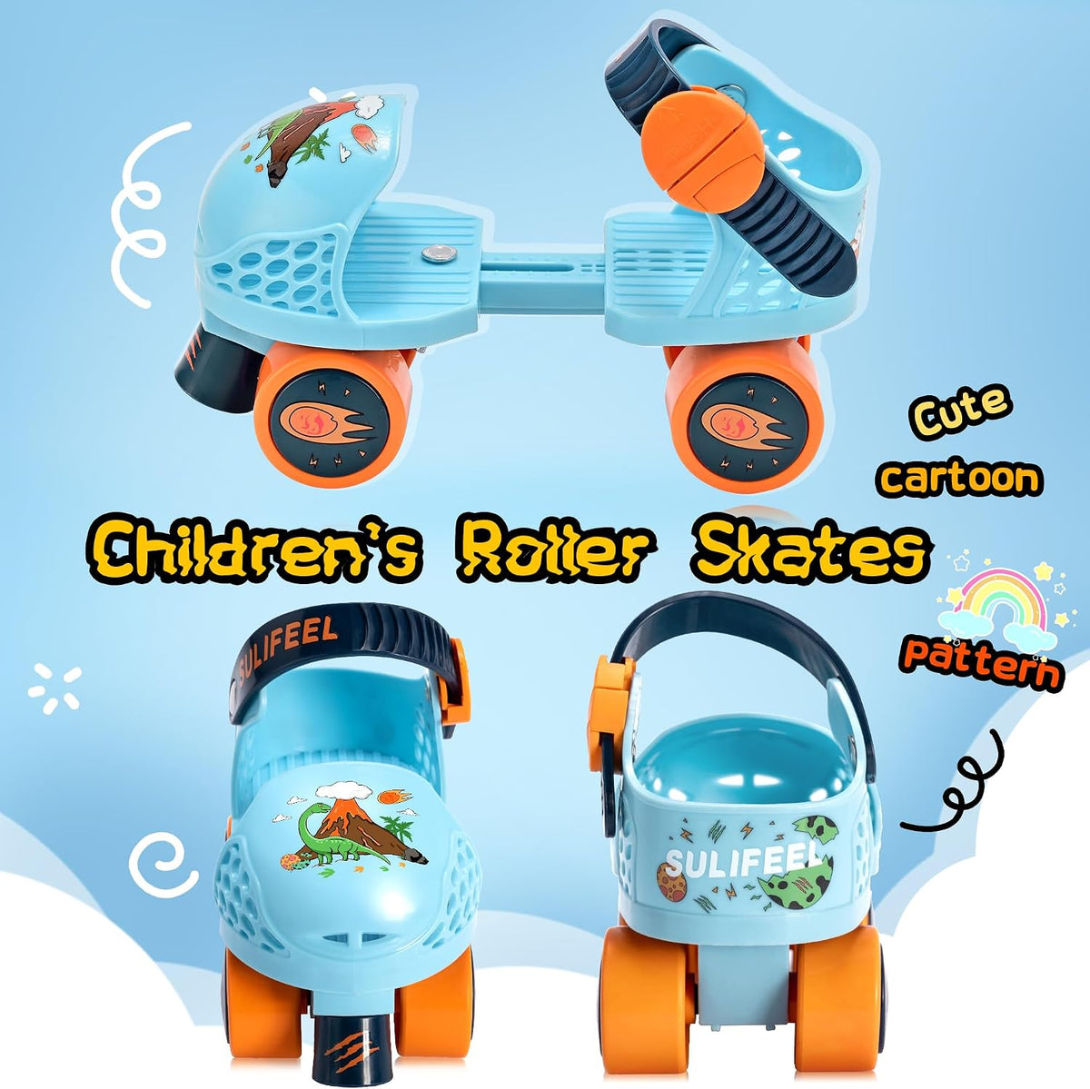 SULIFEEL Kids Adjustable Quad Roller Skates for Girls and Boys – Fun for Kids & Family - Dinosaur Blue - image 2