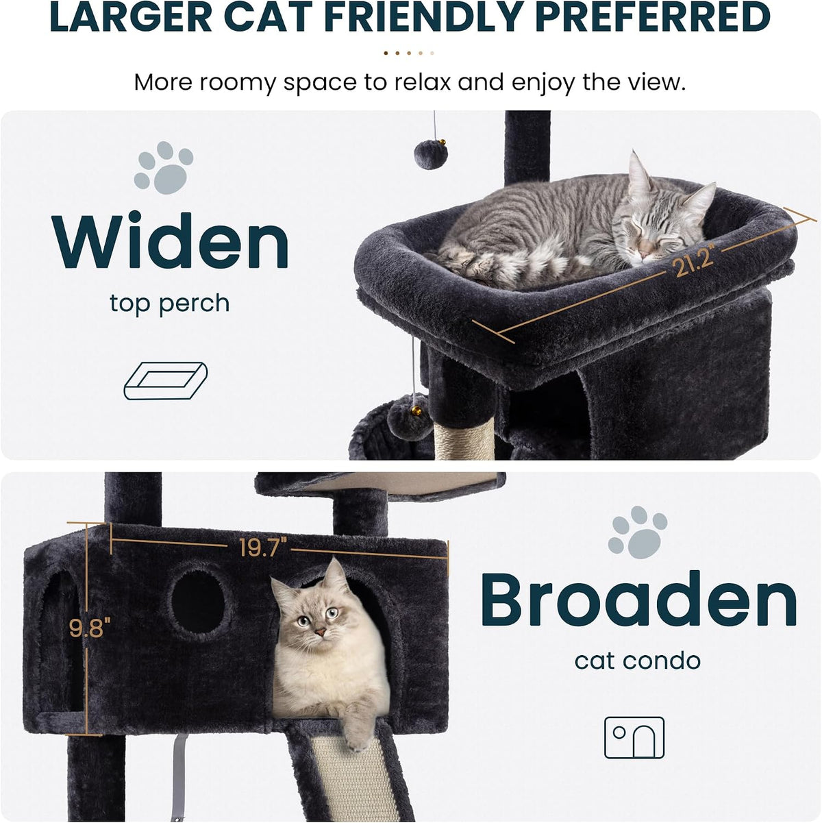 SHA CERLIN 65in Larger Cat Tree Tower Condo for Indoor - Dark Grey - image 3