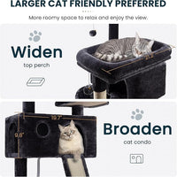 SHA CERLIN 65in Larger Cat Tree Tower Condo for Indoor Kitties/Multi-Level Furniture Activity Center with Wide Base/Cozy Plush Cat Perches/Baskets/Sisal Scratching Posts and Hammock/Dark Grey