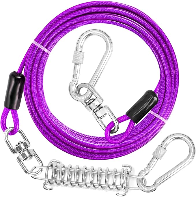 Jenico Dog Tie Out Cable, 10/15/20/30/40/50/70/100/150FT Runner Cable with Swivel Hook and Shock Spring, Outdoor and Camping Dog Leash Run Tether for Small to Medium Pets Up to 500 LBS
