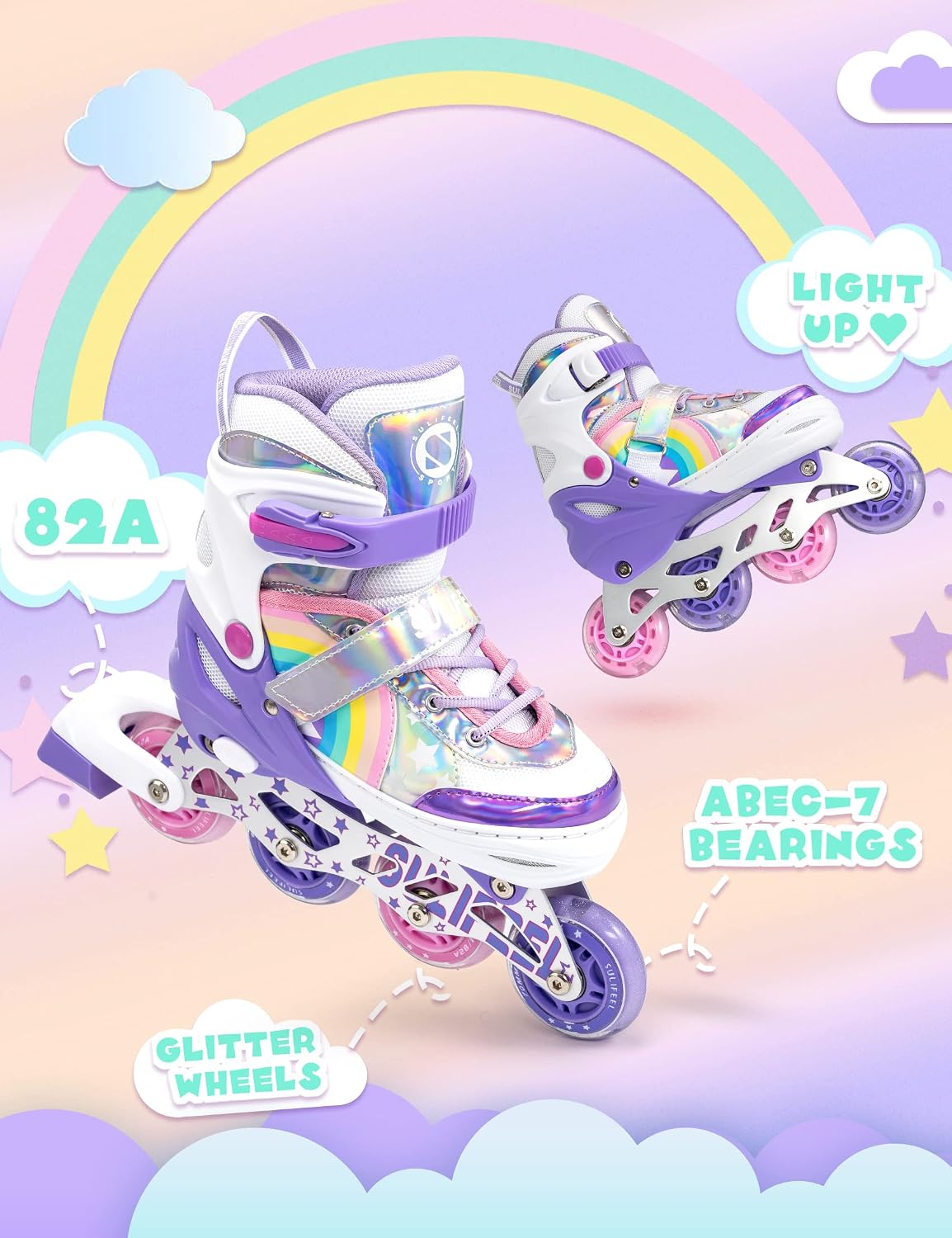 SULIFEEL Rainbow Unicorn Adjustable Kids Inline Skates for Girls Boys – Fun for Kids & Family - B Purple / Medium - Big Kid - image 4