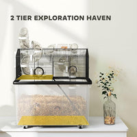 PawHut Large Hamster Cage with 12" Deep Tray, 2 Tier Gerbil Cage with Tube System, Water Bottle, Ramp, Feeding Bowl, 23" x 17" x 22", Black