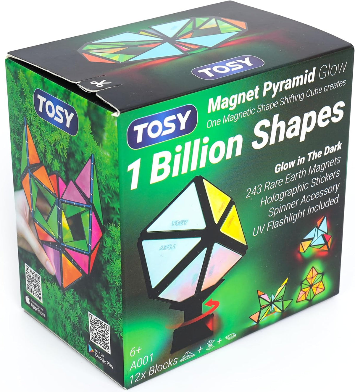 TOSY Magnet Pyramid Glow - 1 Cube Transforms into 1 Billion Shapes, 12 Pieces, 243 Magnets - Glow (Set of 1)