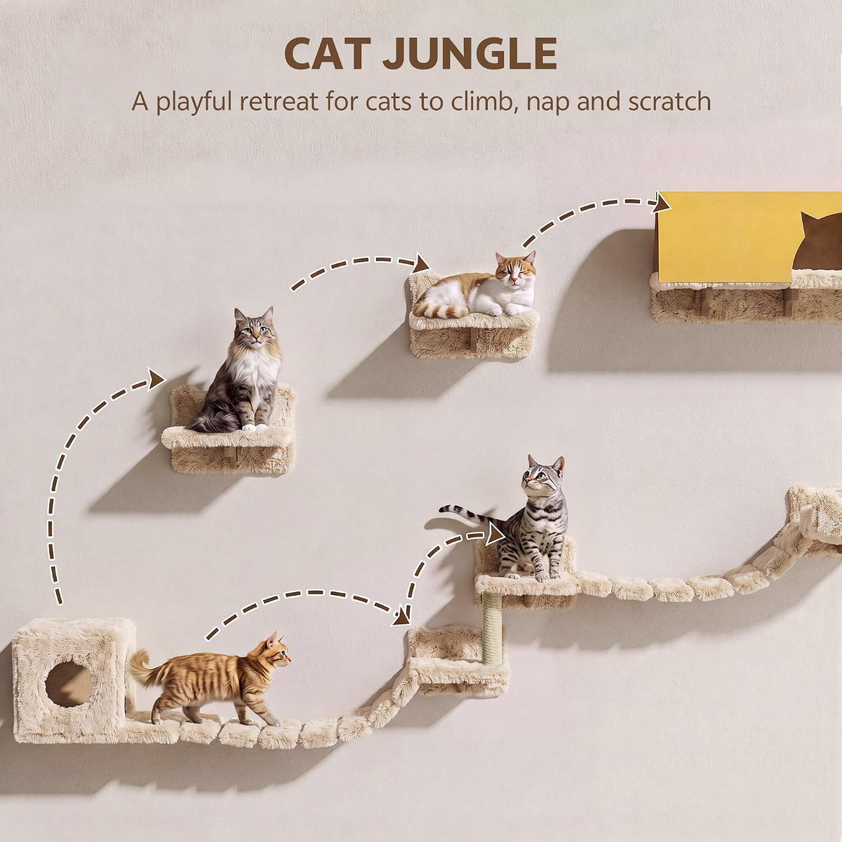 Cat Wall Shelves, 9-in-1 Wood Cat Wall Furniture Set, Burlywood – Essentials for Cats - Beige / 16 Piece Set - image 4