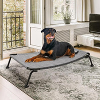 Veehoo Outdoor Elevated Dog Bed, Cooling Raised Dog Cot Bed XL, Portable Waterproof Curved Dogs Hammock Beds for Outside, up to 150lbs, Black Legs, Black Silver 49"
