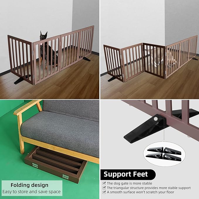 ZJSF Freestanding Indoor Dog Gate for House Foldable Wood Puppy Gate for Doorways Pet Gate for Stairs Extra Wide Pet Fence, Brown, 32" Height 4 Panels