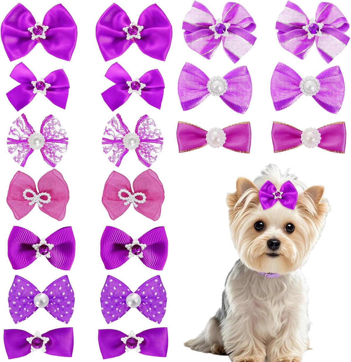 20PCS Cute Dog Hair Bows with Rubber Bands Handmade Mix Style - Dark Purple / Lovely Pattern