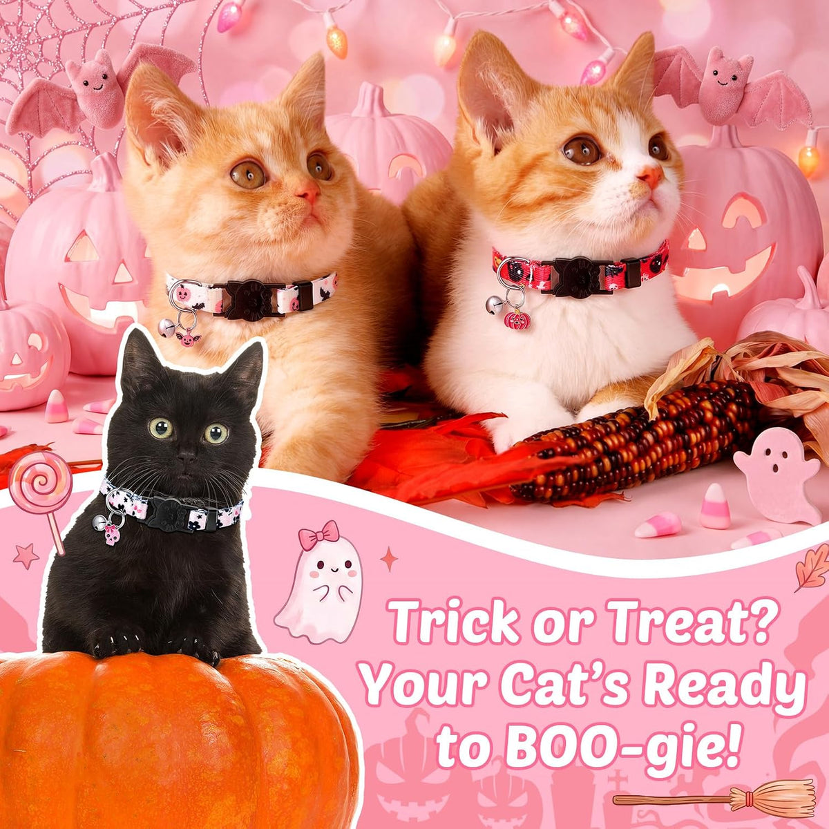 8 Pcs Halloween Cat Collars Breakaway with Bell - Pink Halloween - image 4