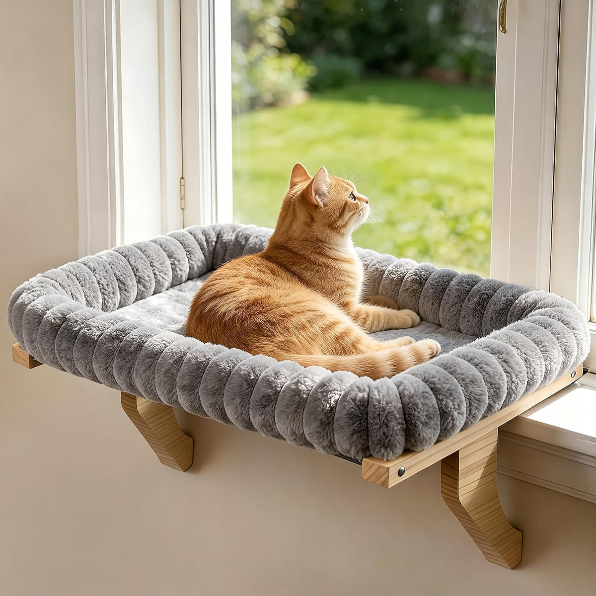 Cloud-Soft Wooden Cat Window Sill Perch with Zipper Cushion - Gray / Large