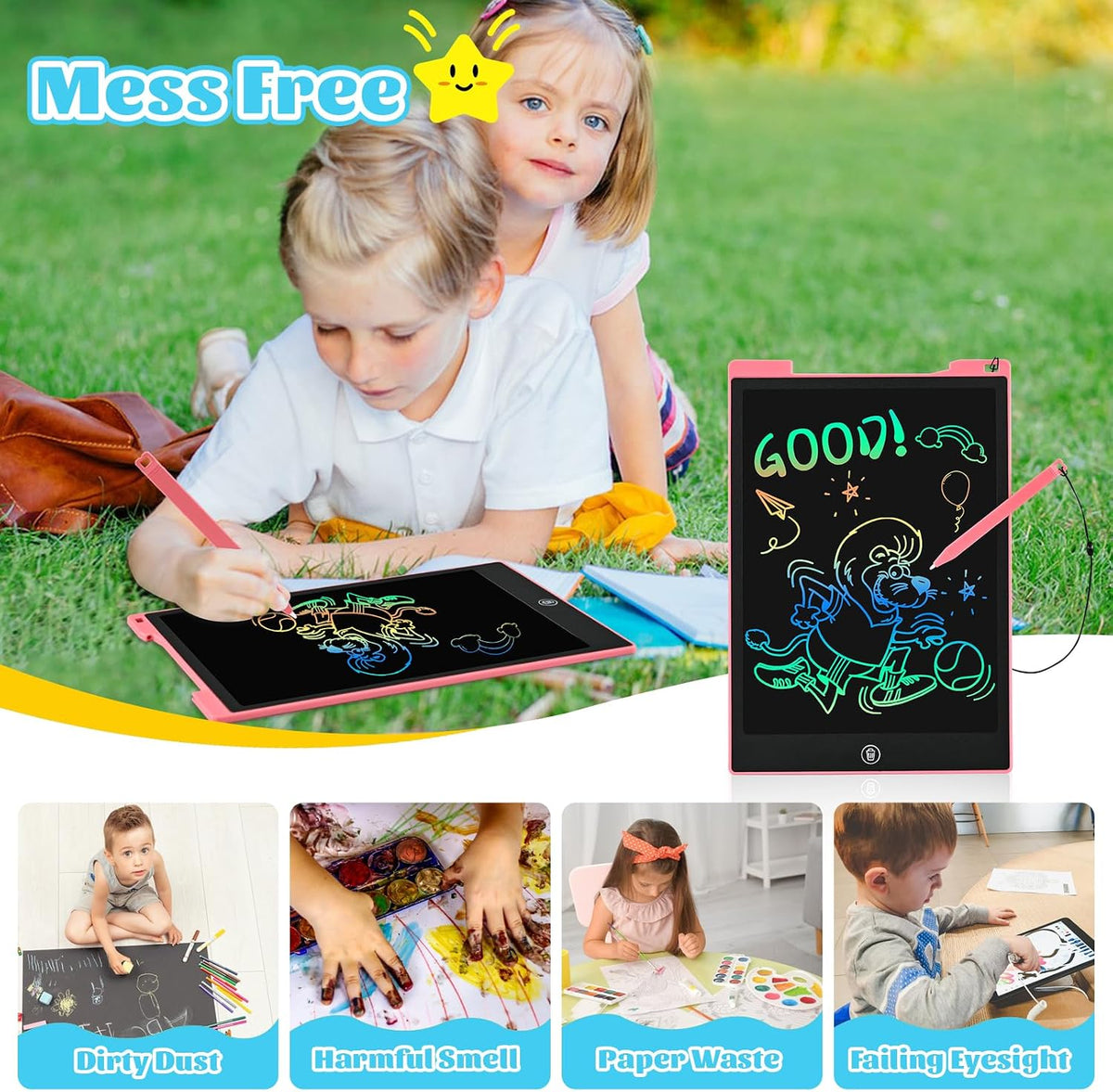 EooCoo Kids LCD Writing Tablet, Stocking Stuffers for Toddler - 12”pink&blue - image 3