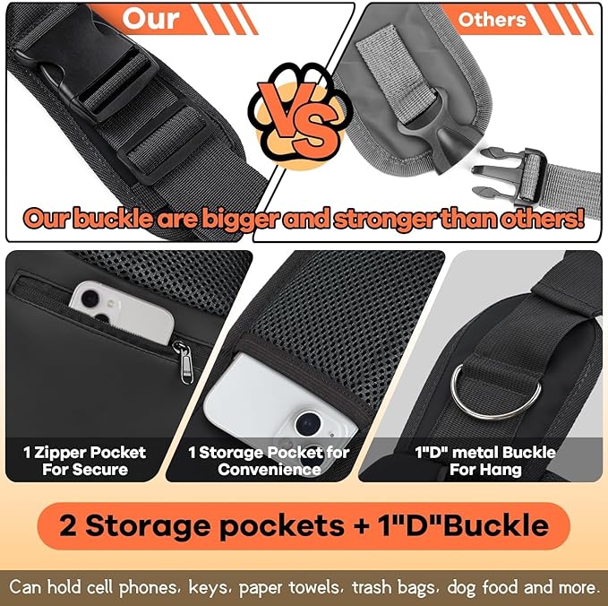 YUDODO Pet Sling Carrier for Small Dogs & Cats – Hands-Free Puppy Carrier with Safety Hook, Large Zipper Pocket, Soft Breathable Mesh, Adjustable Strap & Reflective Strip (Black 2.0 M)