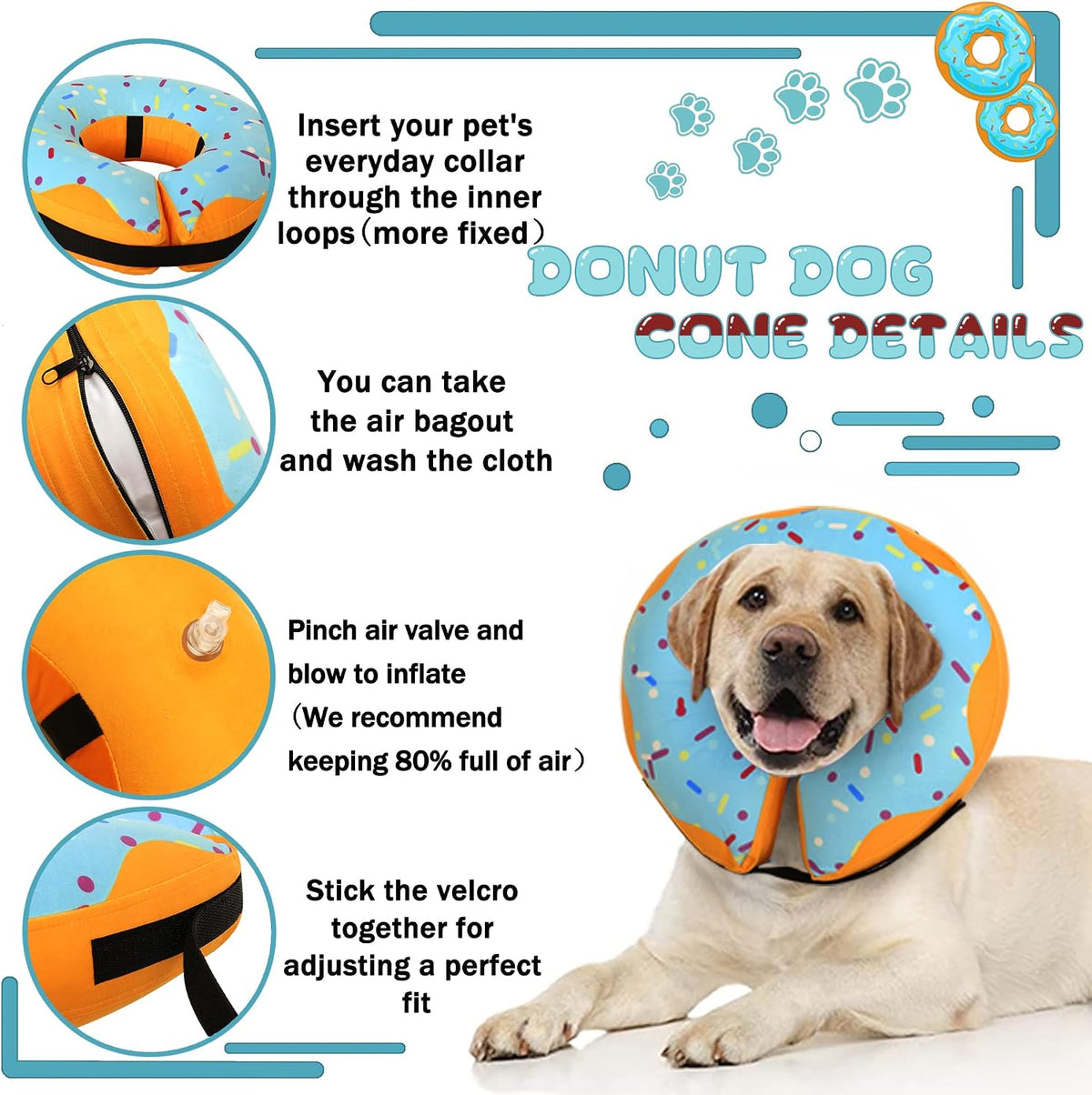 Inflatable donut recovery collar for dogs and cats with adjustable straps - view 4