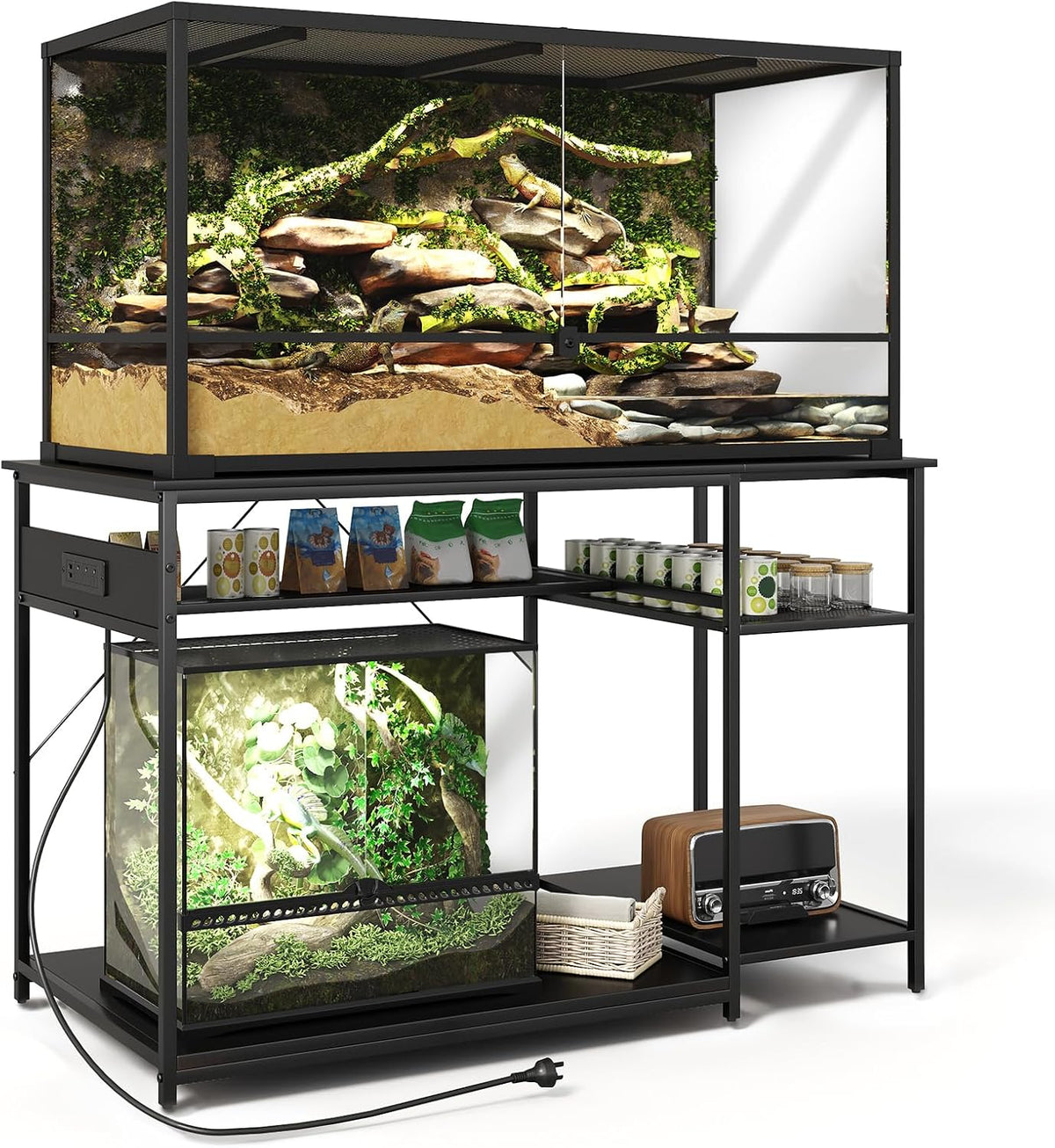 Reptile Tank Stand with Power Outlets，48" X 24" Tabletop Fits up - Double Layer / Black
