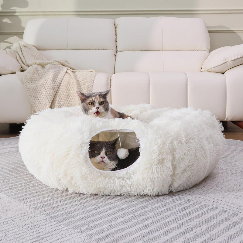 Plush Cat Tunnel Bed for Indoor Cats with Soft Cushion - White