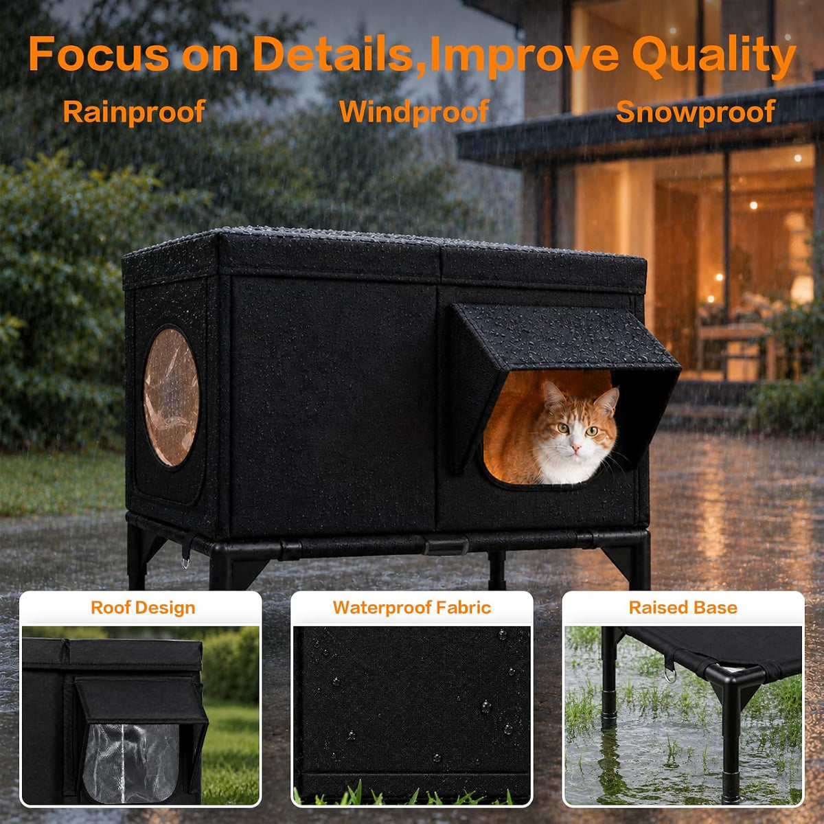 Wn's Day weatherproof heated outdoor cat house with eave, elevated base and escape door - view 3