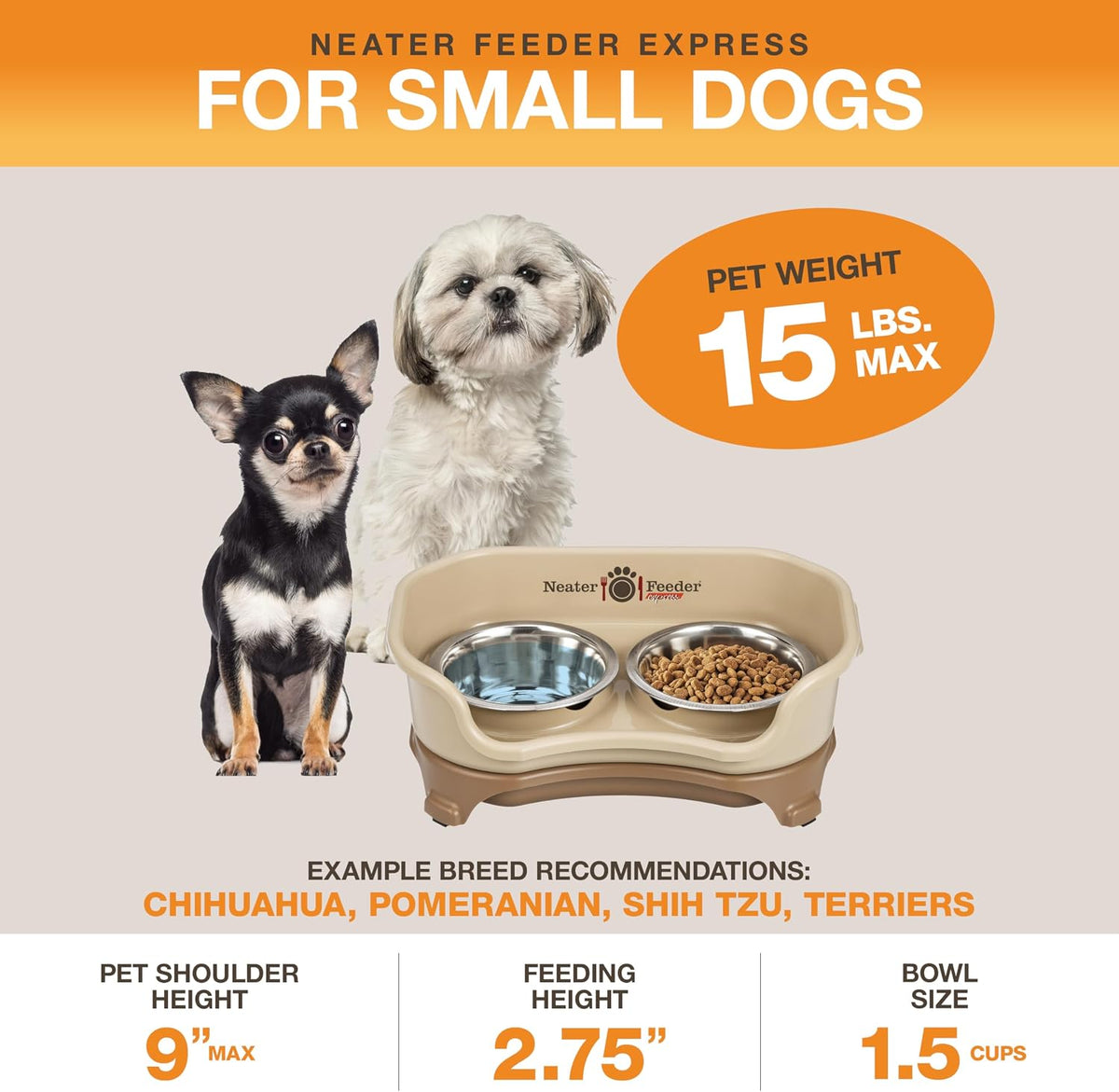 Neater Feeder Express Mess Proof Dog Bowls Elevated for Small Breeds - Small w/ Standard Bowls / Cappuccino - image 2