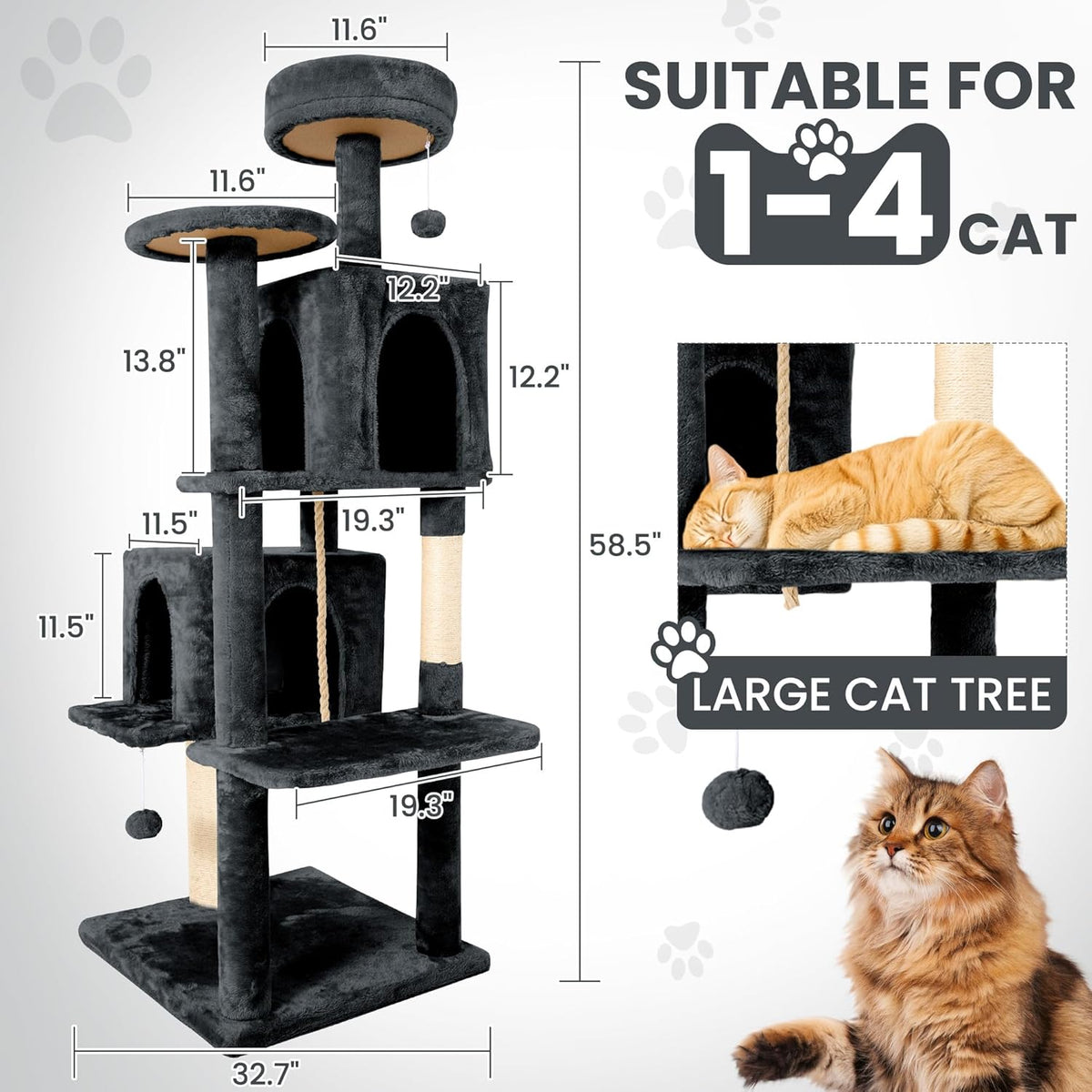 58.5inch Large Cat Tree Tower Condo for Indoor Cats - 58.5in / Grey Black - image 2