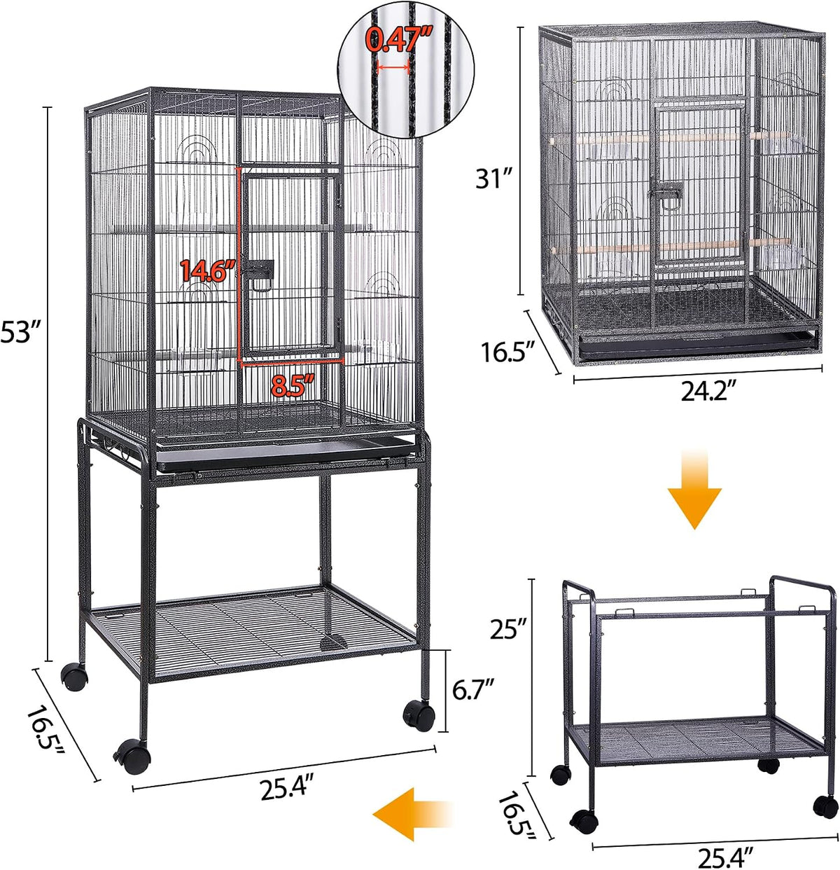 HSM 53 inch wrought iron large bird flight cage with rolling stand - view 2