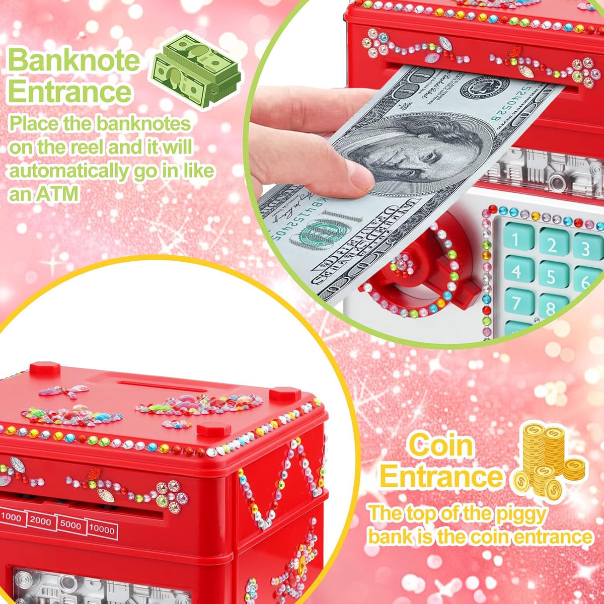 Piggy Bank for Kids Girls Boys with Password Code Lock Cash Coin Can - Red - image 2