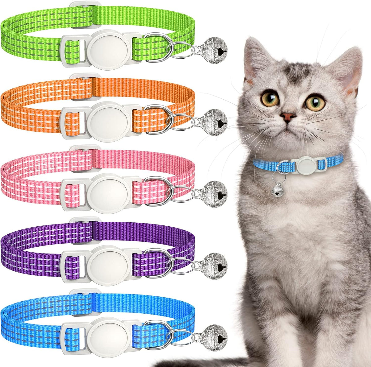 5 Pack Reflective-Breakaway Cat Collars with Bells - 5 Bright Colors