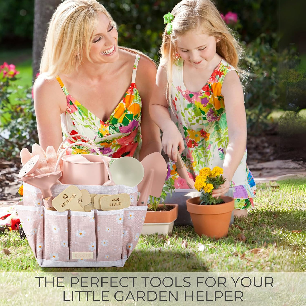 ZICOTO kids gardening set with watering can, rake, shovels, gloves, pots and tote - view 3